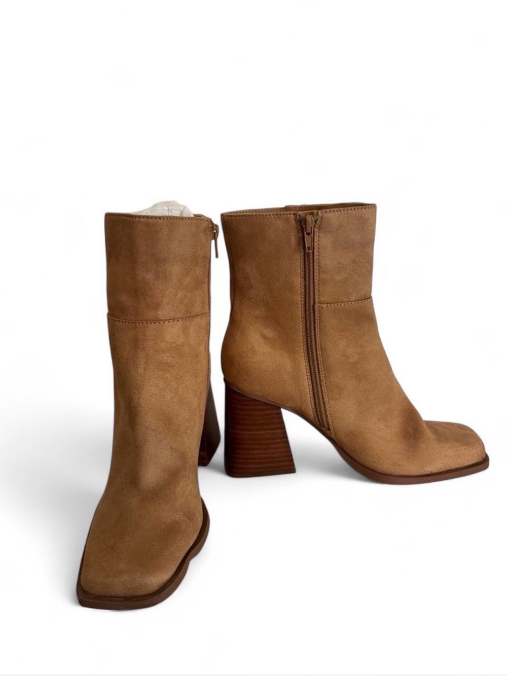 Wonderly Tan Suede Square-Toe Block Heel Ankle Boots,